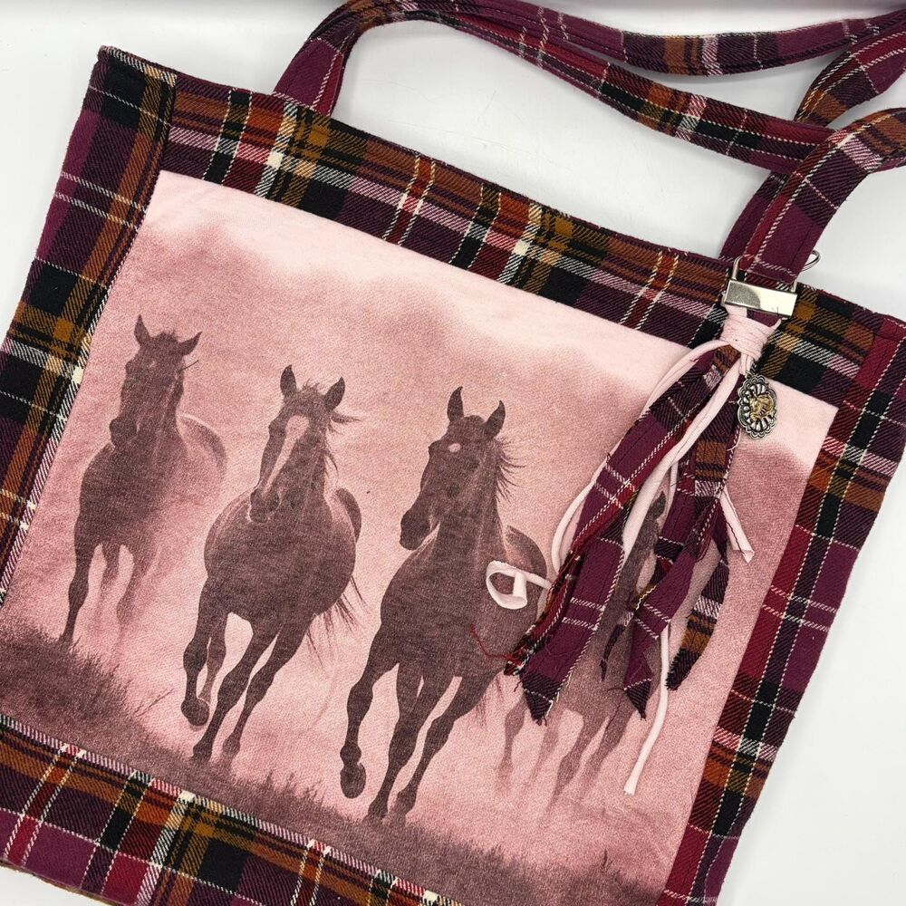 Handmade Tote Bag: Repurposed, Quilted Tote Horses Cottage Library Tote